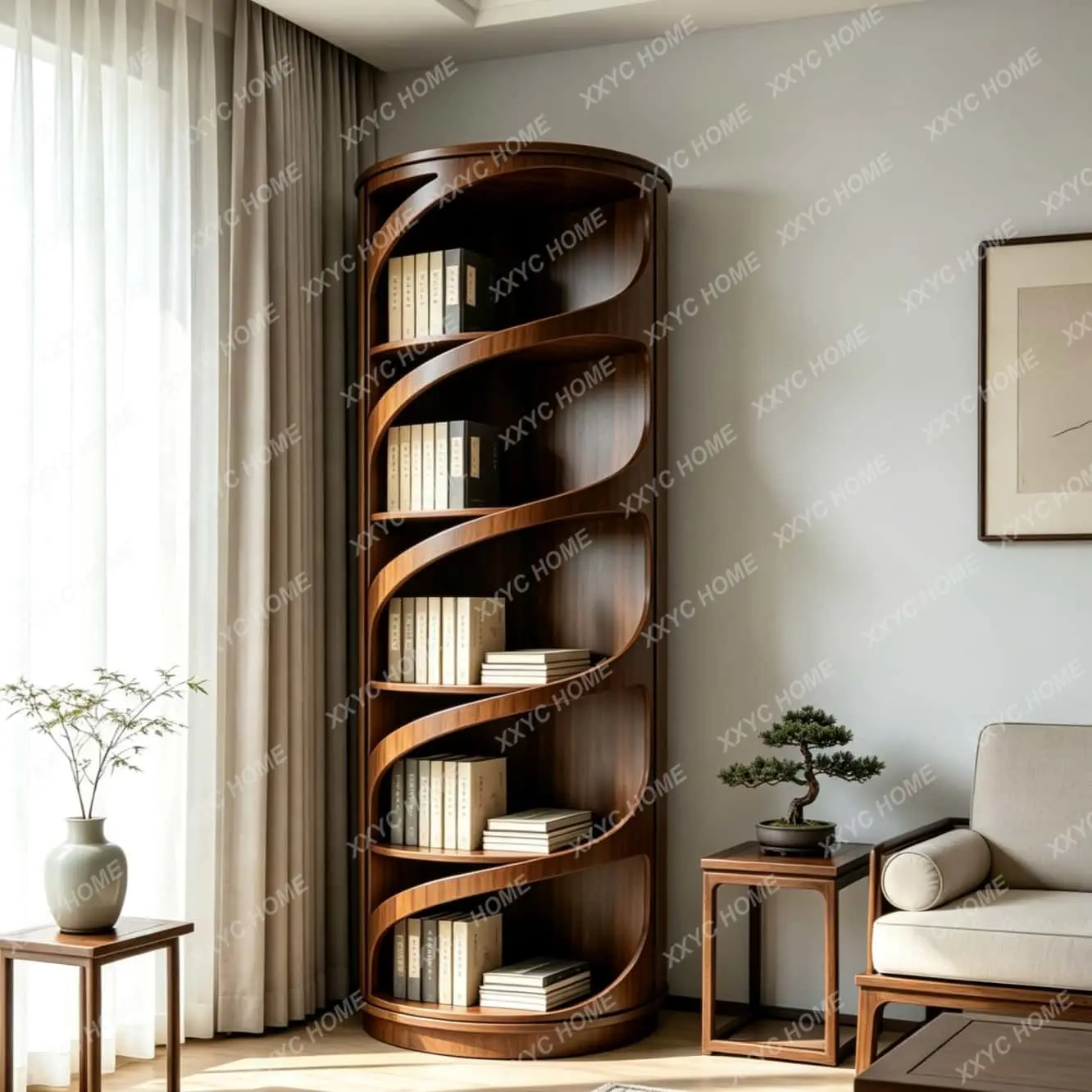 New black walnut rotating bookshelf villa living room aesthetic display cabinet