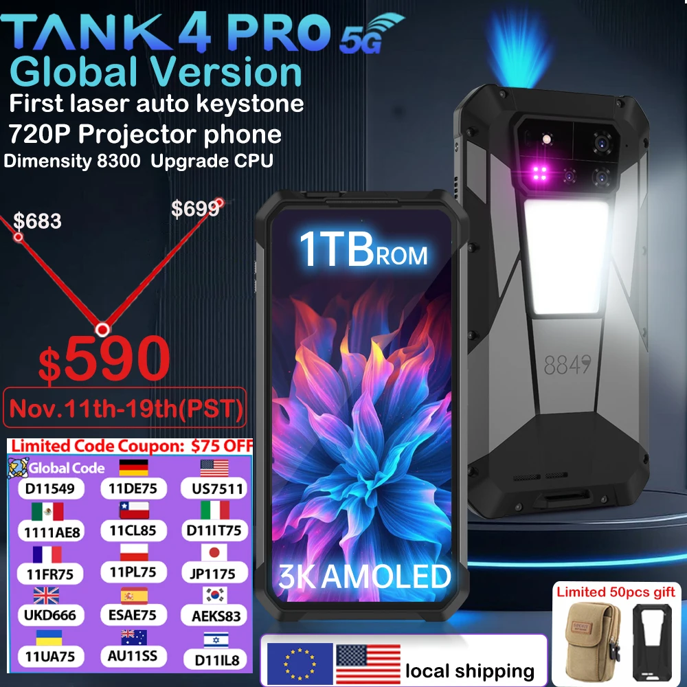 8849 Tank 4 Pro Unihertz 5G Rugged Projector Smartphone 36G 1TB Android 14 Sports Phone 11600mAh Dimensity8300 AMOLED 120HZ