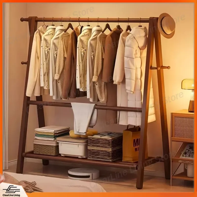 Floor to Ceiling Coat Rack Walnut Solid Wood with Storage Shelf Multifunctional Clothes Hanger No Installation Required