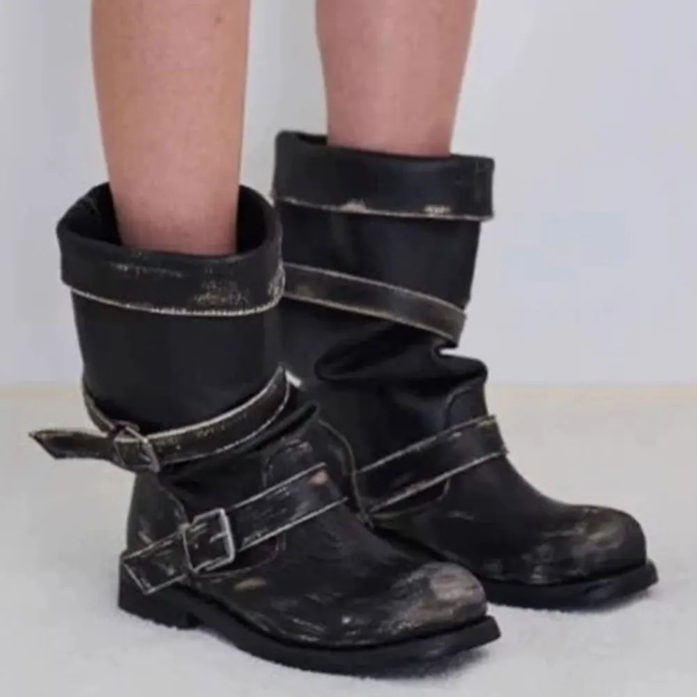 

Vintage Platform Buckle Stylish Motorcycle Women Boots Round Toe Chunky Heel Mid-Calf Boots Retro Buckle Riding Boots