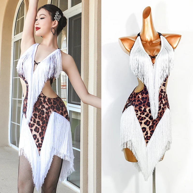 

White Fringe Latin Dance Dresses Women Summer Halter Dress Leotard Print Latin Performance Outfit Cha Cha Rumba Stage Wear 3654