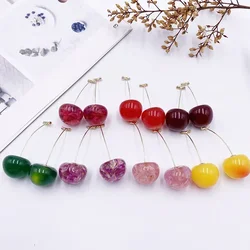 Korean Japan Sweet Clear Resin Cherry Earrings for Women Girl Gold Color Alloy Fruit Long Hanging Drop Earrings Party Jewelry