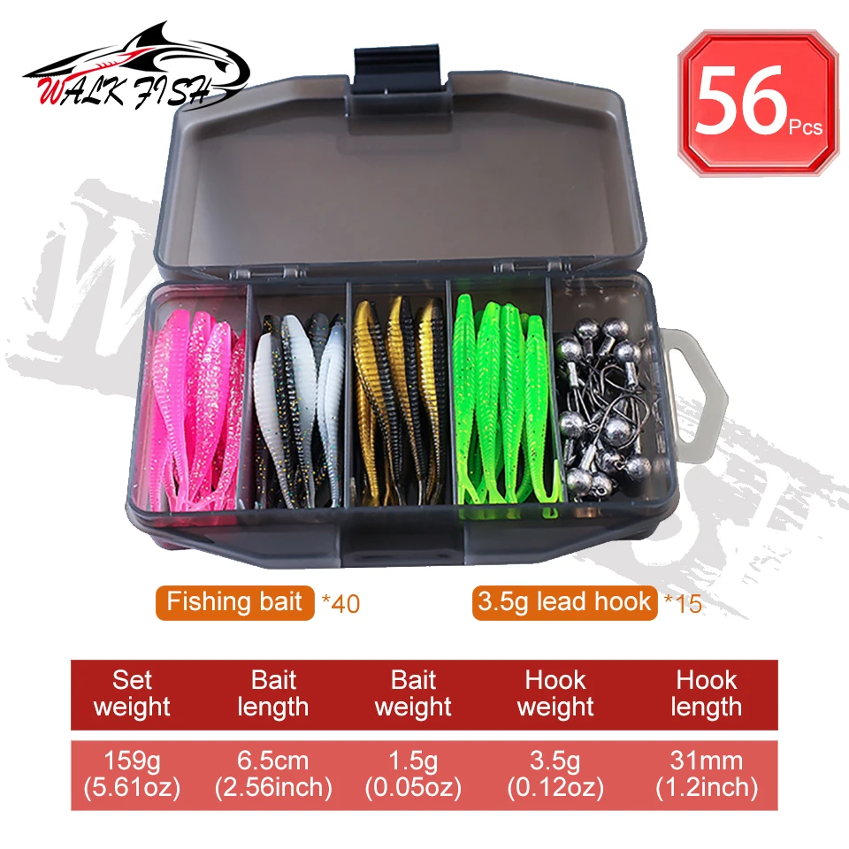 WALK FISH 56 Pieces/Set Silicone Fishing Lures Set Artificial Bait Metal Jig Head Hook with Box Fishing Equipment Accessories