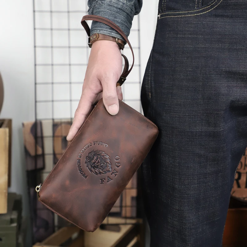 2 In 1 Men\'s Clutch Bag Handmade Genuine Leather Crossbody Shoulder Bags Portable Storage Handbag Long Wallet