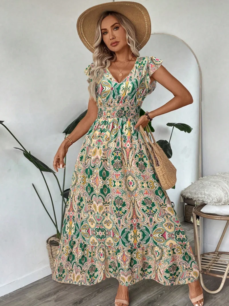 Neue kleider 2025, frau vestidos para mujer vintage kleid Gedruckt V-ausschnitt mode kleid Lose rüschen lange kleider