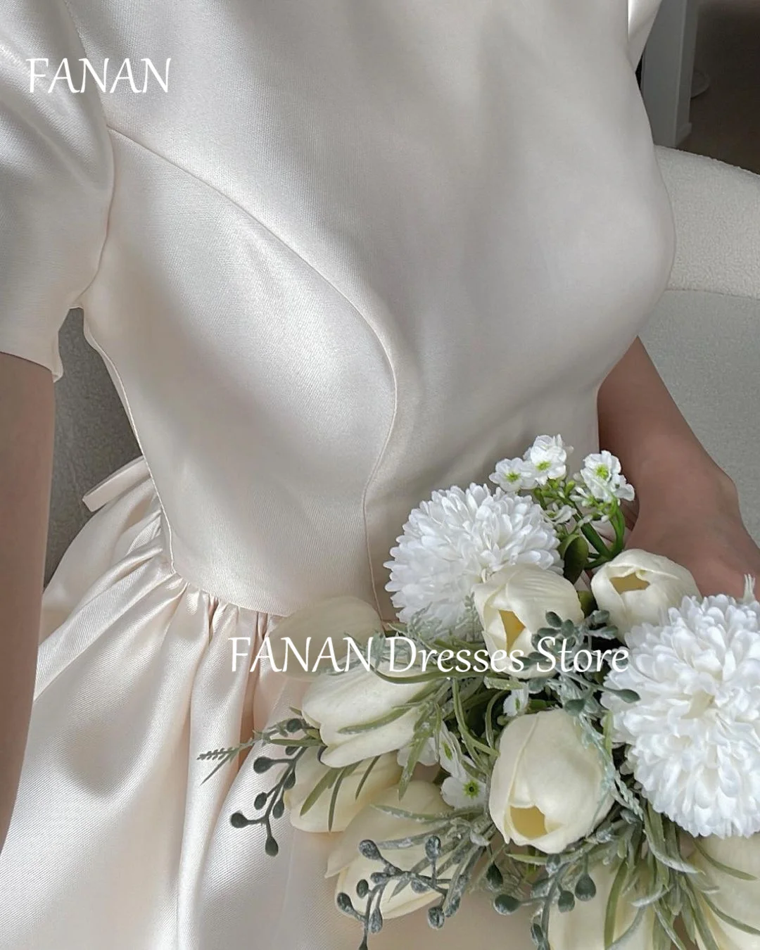 FANAN Korea A-Line O-Neck Simple Midi Wedding Dresses 웨딩드레스 Ivory Satin Tea Length Luxury Customized Bride Gowns Plus Size