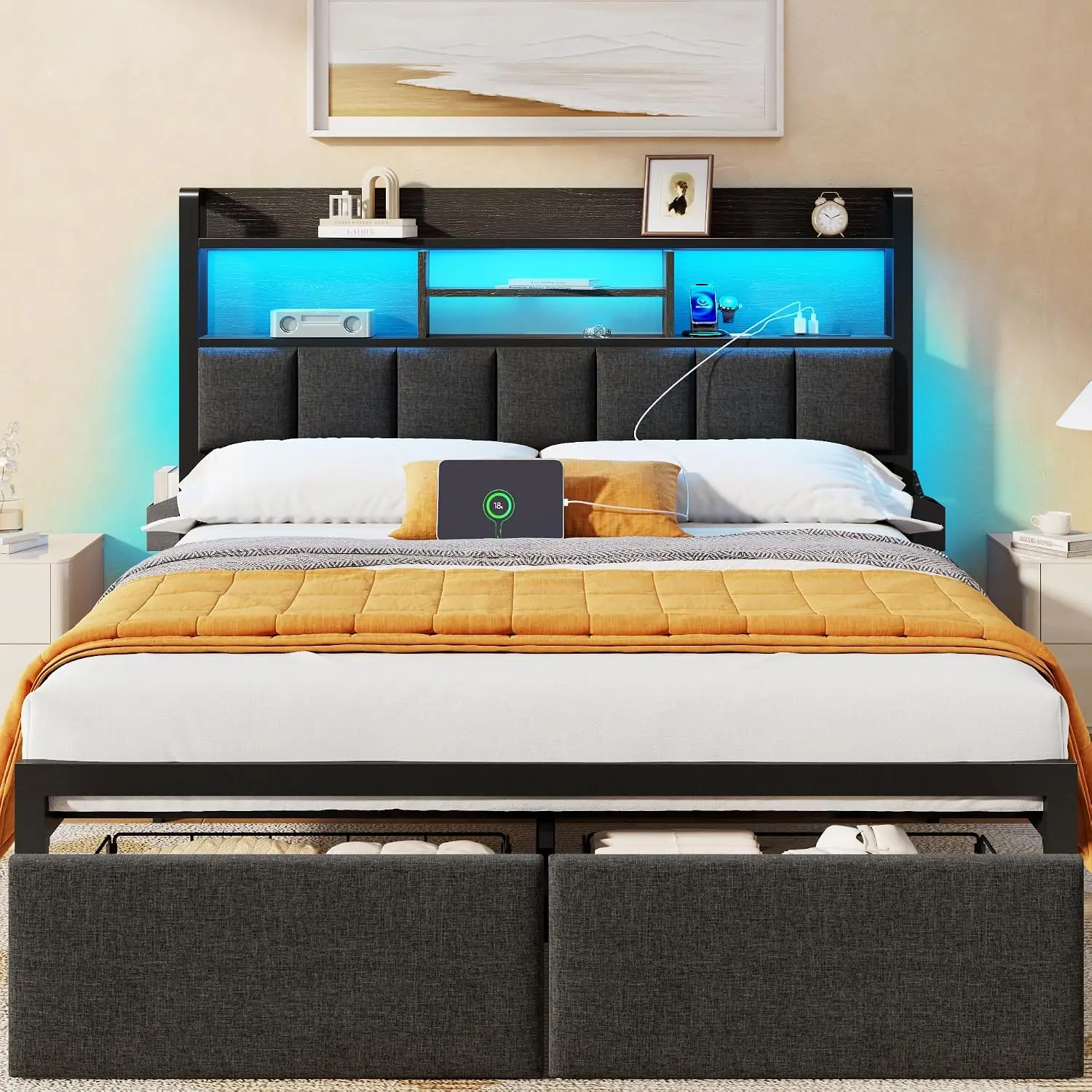 Full Size Bed Frame with Headboard Storage Drawers USB Charging Station LED Lights Bedroom Furniture, Customized