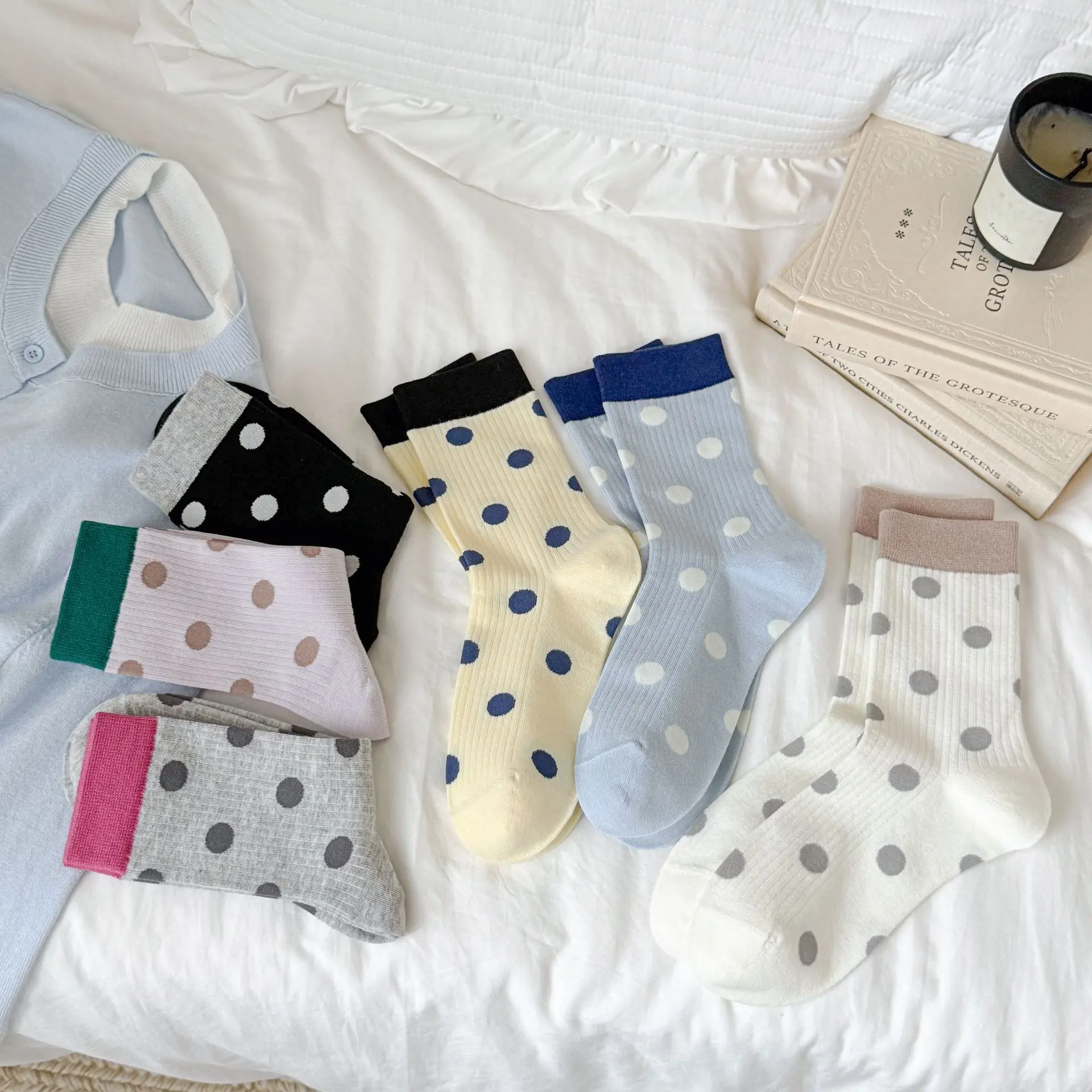 Women's Socks Spring Japanese Cotton Fashion Color blocked Dots Ribbed Mid tube Comfortable and Versatile