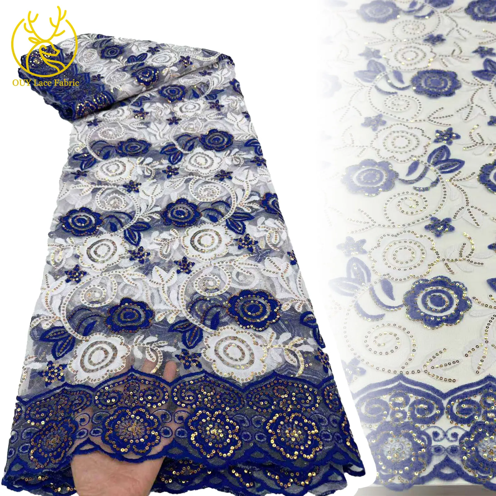 

African Gold Sequin Lace Fabric 2025 Luxury Nigerian Guipure Lace Embroidery Fabric for Women's Party Dresses Sewing 5 Yards