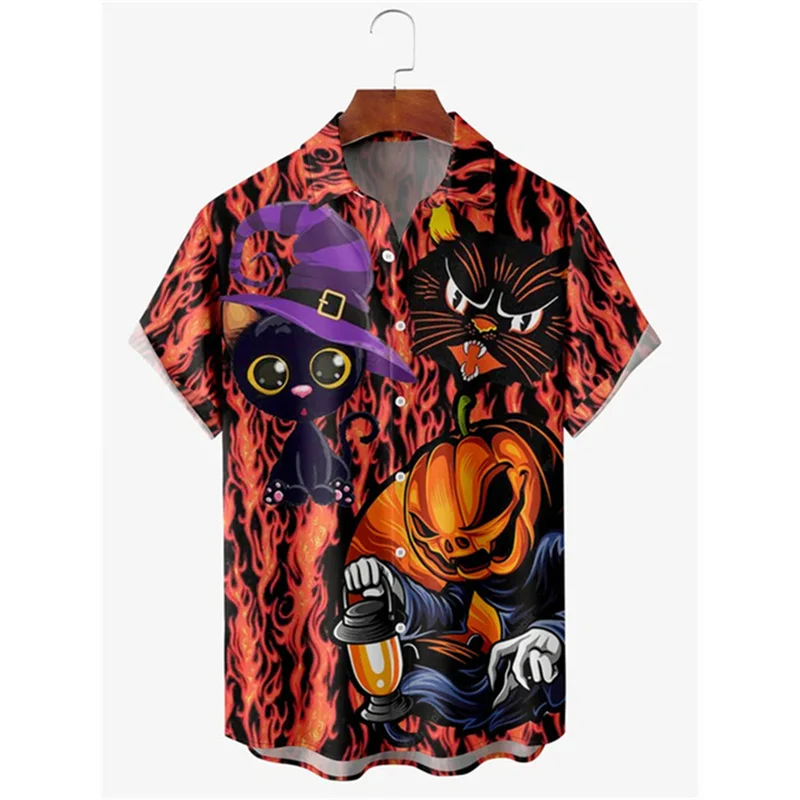 Halloween Little Devil Graphic Hawaiian Shirt For Men Pumpkin Cat 3D Printed Aloha Shirts Casual Short Sleeve Lapel Tops Blouse