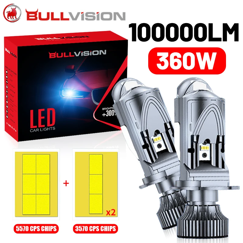 Bullvision H4 Bi LED Projector Lenses Canbus 100000LM 360W 12PCS 5570 CSP Hyperboloid Turbo Car Light Lens High Low Beam 12V 24V