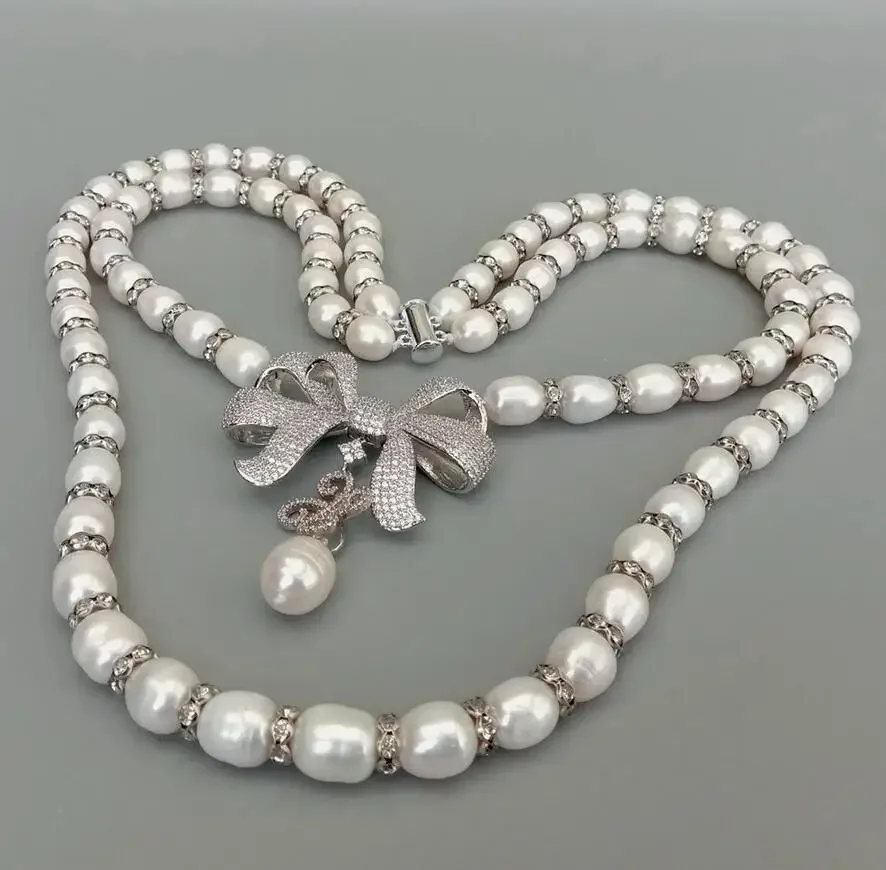 2 السواحل المياه العذبة مثقف الأرز الأبيض اللؤلؤ قلادة Bowknot زركون تمهيد قلادة 18"