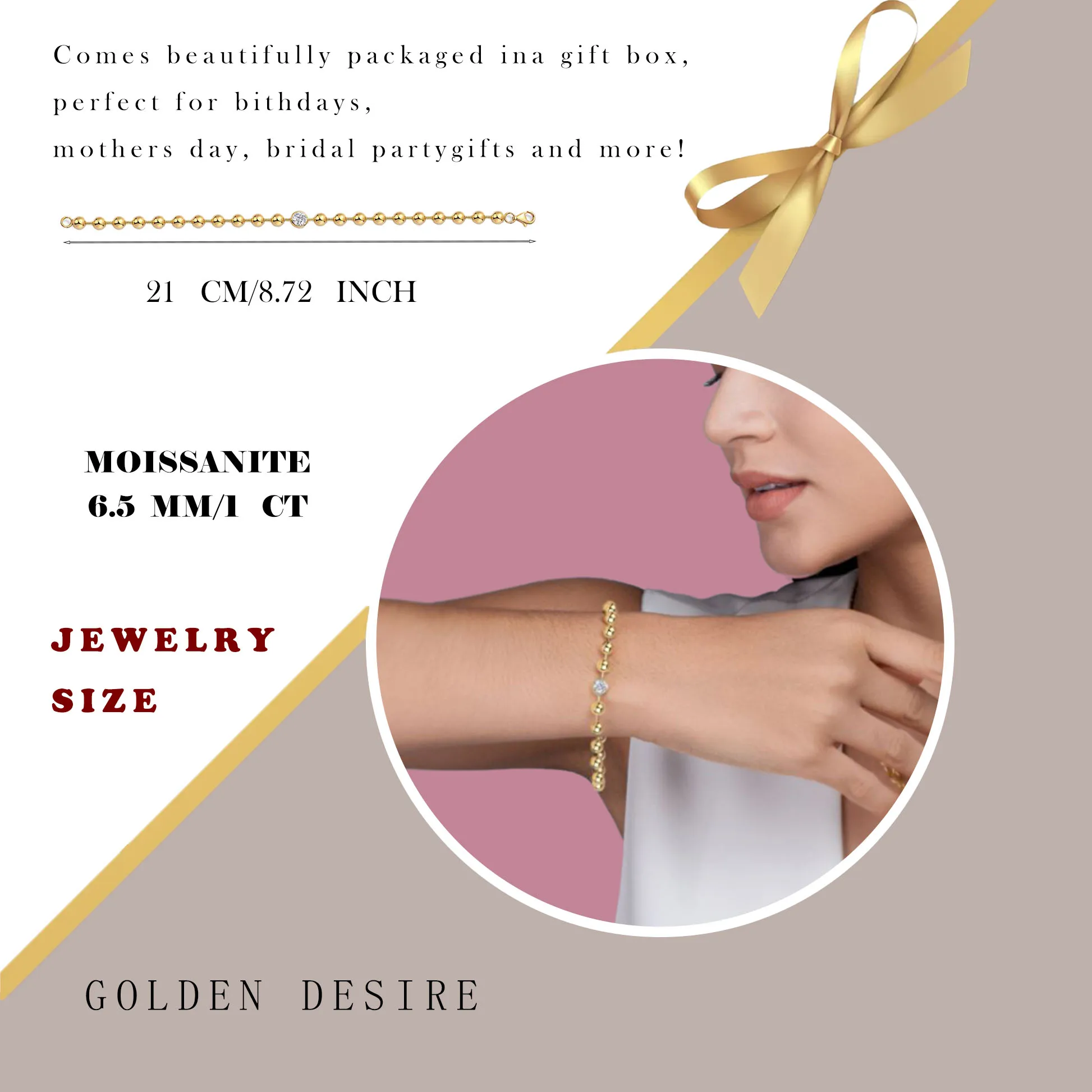 

1 Carat Sparkling Moissanite Accent – Timeless Elegance Ball Beaded Bracelet – 18K Gold Plated S925 Silver
