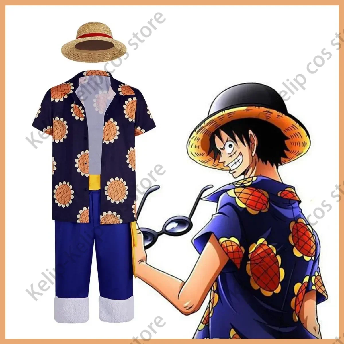 Anime Monkey  Luffy Cosplay Costume Straw Hat Boy Wano Kuni Country Summer Sunflower Printed Shirt Men Halloween Party Suit