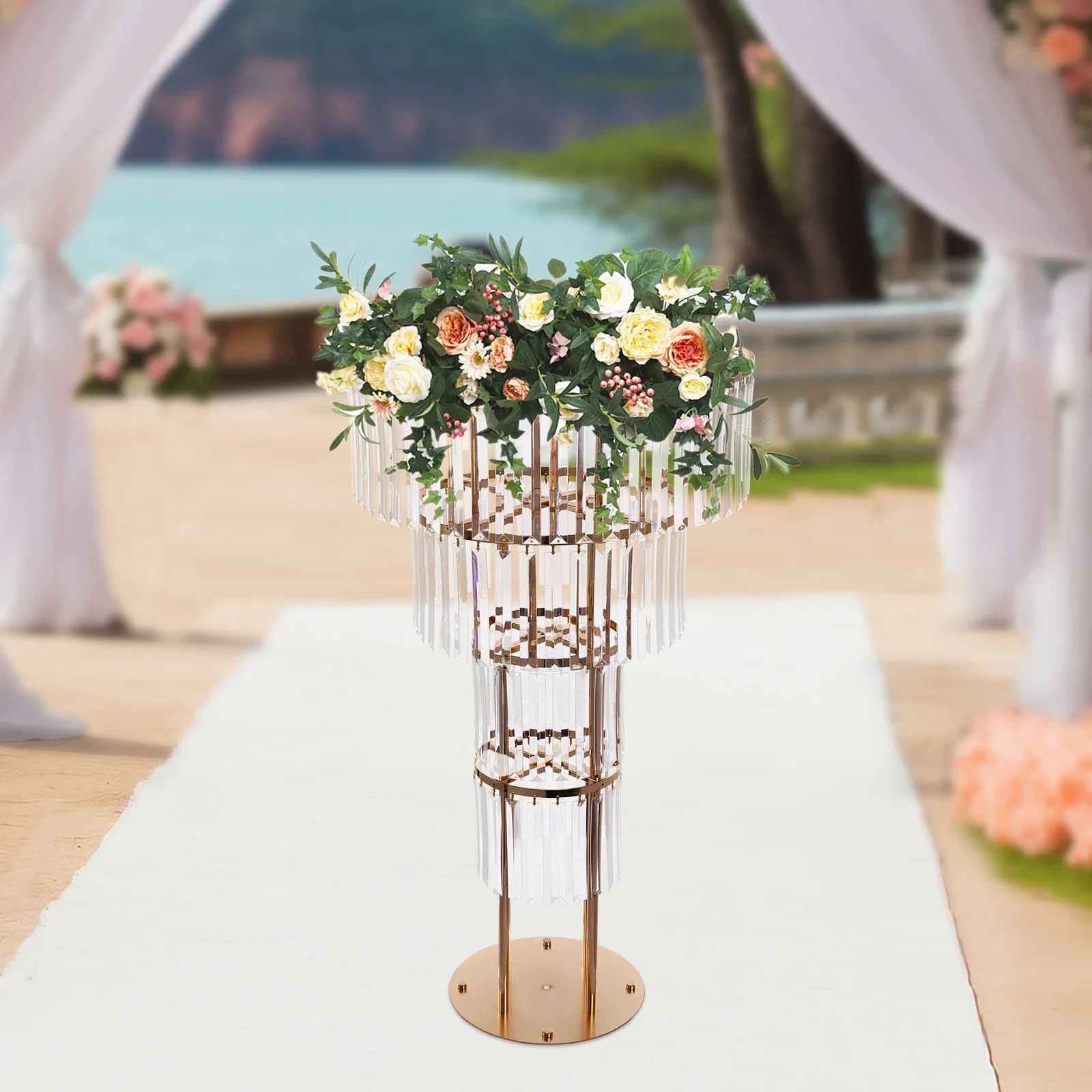

4-Tier Romantic Wedding Crystal Flower Stand, Elegant Gold Round Pedestal for Bouquets & Decor, 34.43In Height,17.64lbs Capacity