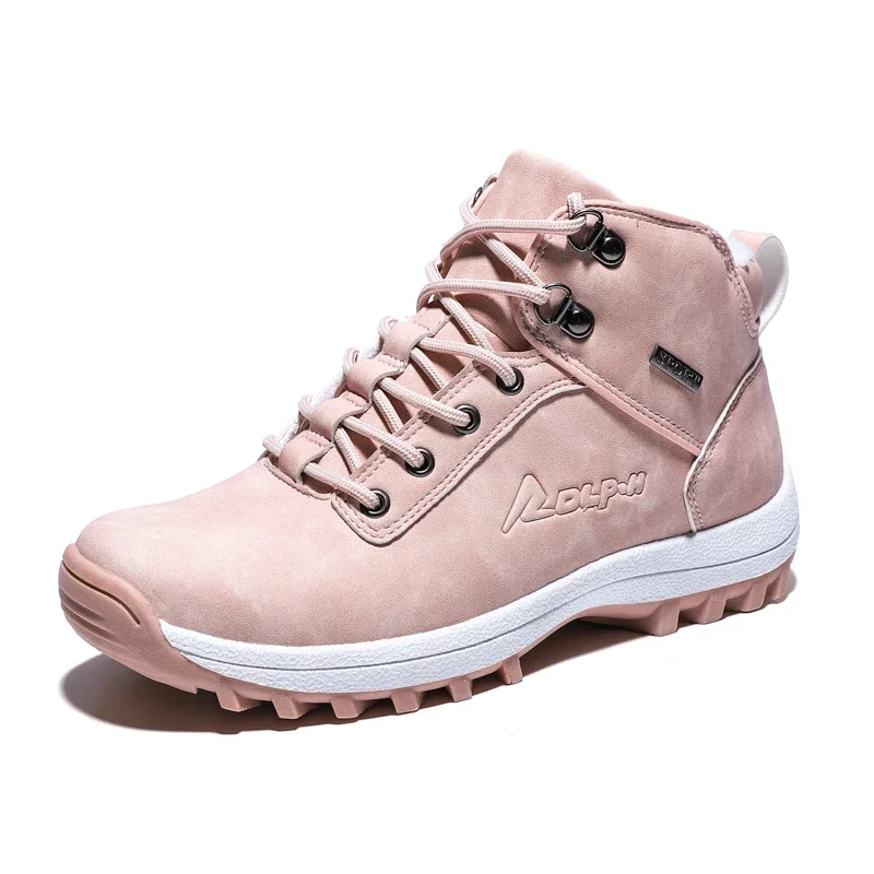 2023 Winter Hiking Boots Women Pink Plush Warm High Top Snow Shoes PU Leather Anti-Slip Ankle Boots Trekking Shoes