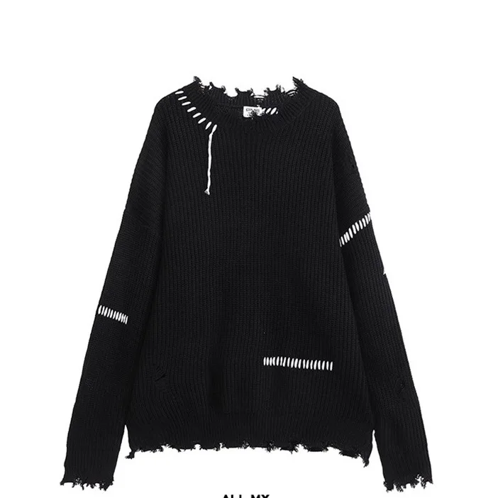 

Solid Ripped Hole Sweater Women Man Spring Autumn Raw Edge Long Sleeves Loose Knitwear Fashion All-matched Trend Pullovers