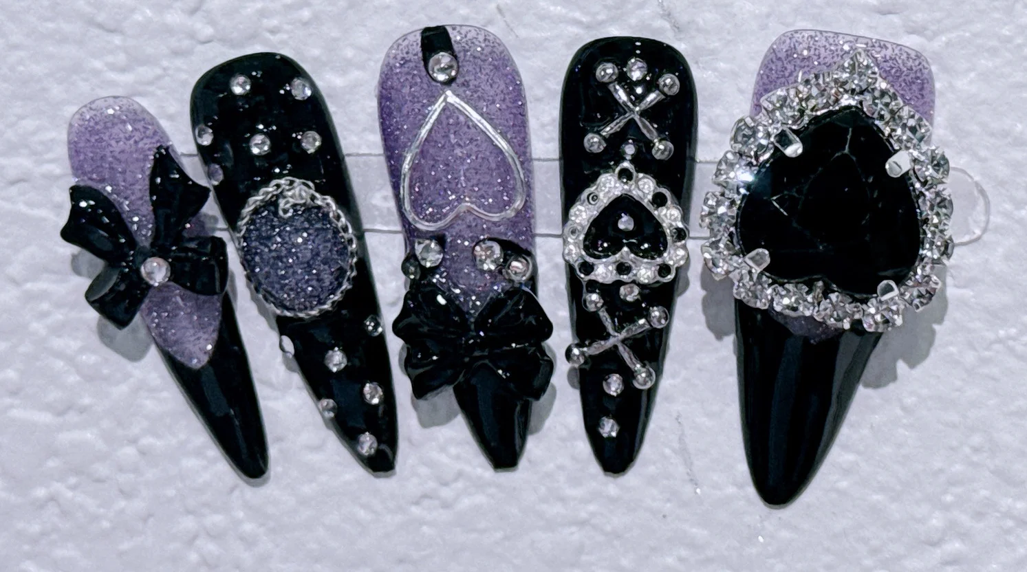 10 Uds. De uñas góticas hechas a mano con forma de punta larga, cadena de Metal Punk con diamantes de amor, cubierta completa de calle, regalo para uñas postizas