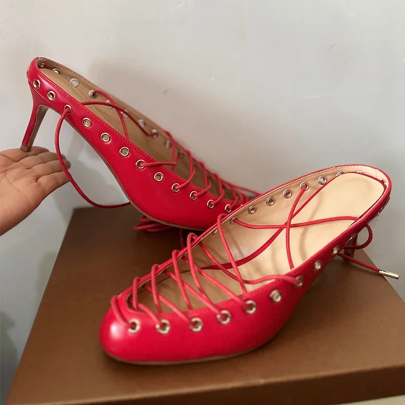 

Onlymaker Women Red Closed Toe Lace Up Mules Kitten Heel Stiletto Coeset Heels Summer Sandals