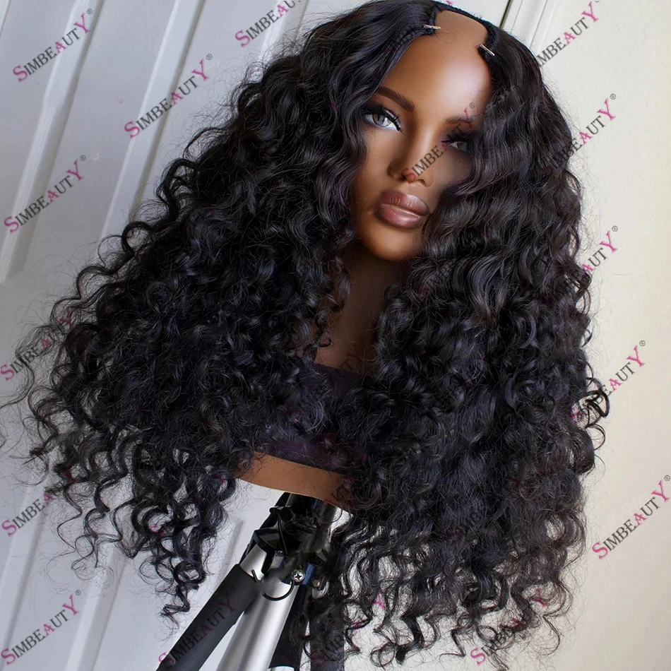 

100% Remy Mongolian Human Hair 1x4 U Part Wig Jet Black Wand Wave Deep Curl Machine Made Human Hair Wig 200Density Brown Hair