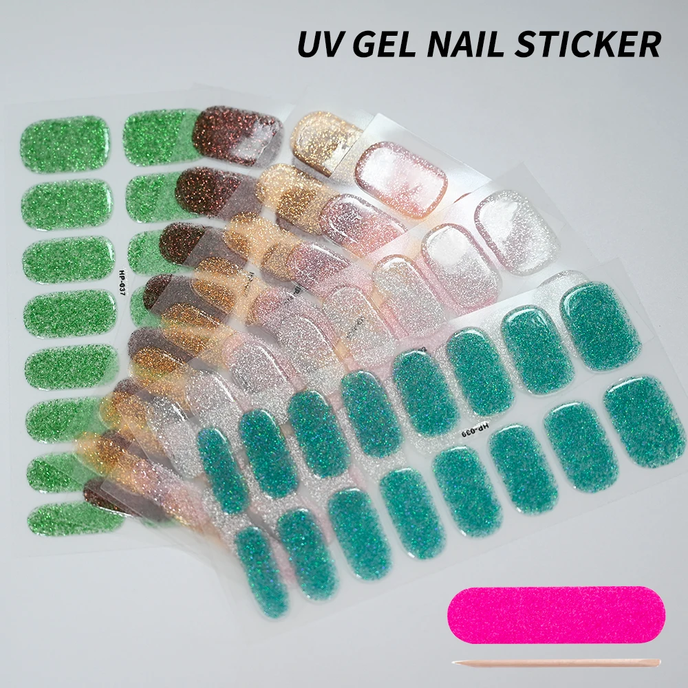 16Pcs Chic Solid Color Glitter Semi-cured Gel Nail Strip Long Lasting Full Cover Gel Nail Patch Waterproof UV LED Sticker Tools