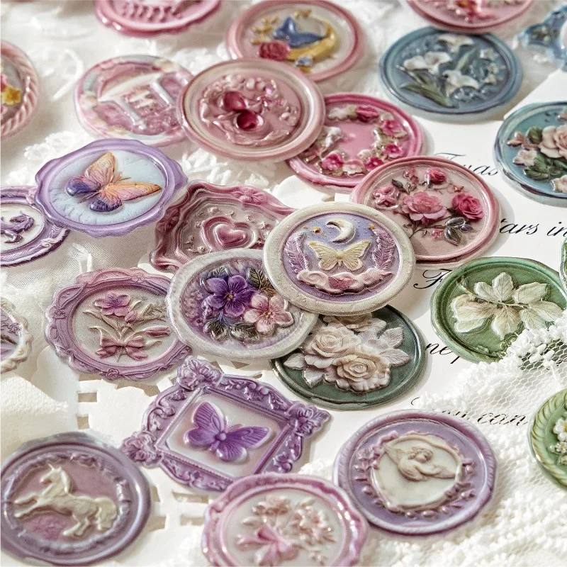 

15Pcs Retro Art Aesthetic Plastic Sealing Wax Stickers 3D Relief Pattern Decor for Scrapbook & Journal Envelope Sealing Sticker