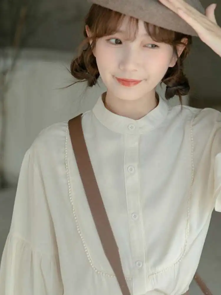 Women's Sweet Style Stand Collar Shirt Loose Long Sleeve Polyester Fiber Non-Shrinking Waist-Cinching Chinese Production