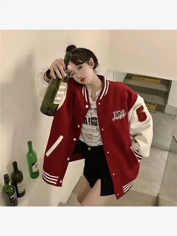 

Американская красная бейсбольная куртка для женщин, свободного кроя, с буквенным принтом, модная спортивная одежда, легкая верхняя одежда для весны и осени