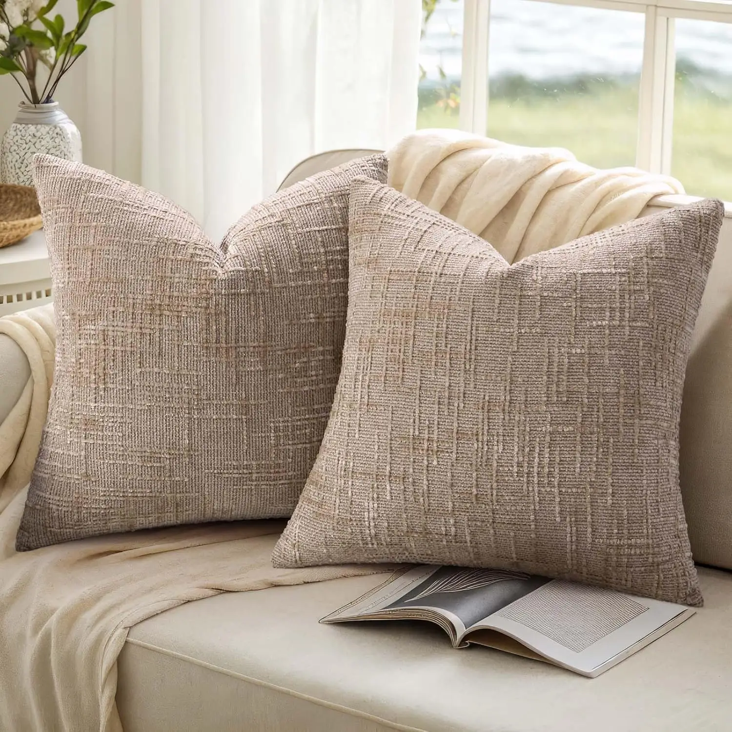 Chenille Throw Pillow Covers Soft Neutral Decorative Throw Pillows for Couch Sofa Boho Accent Cushion Covers Bedroom Living Room