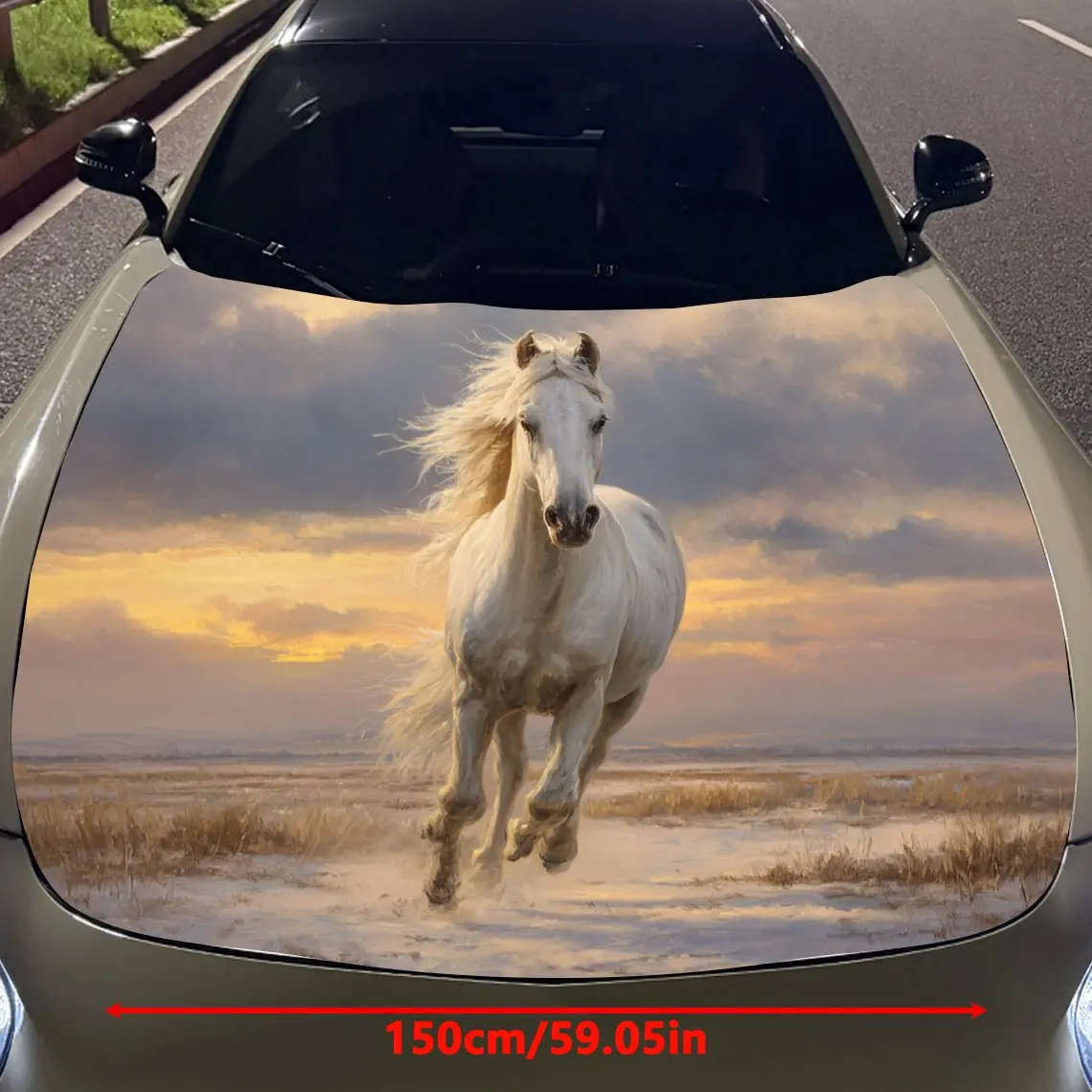 Car Decals Graceful White Horse Galloping at Sunset Car Hood Sticker, Waterproof Self - Adhesive Vinyl Graphics Decals, Decorati