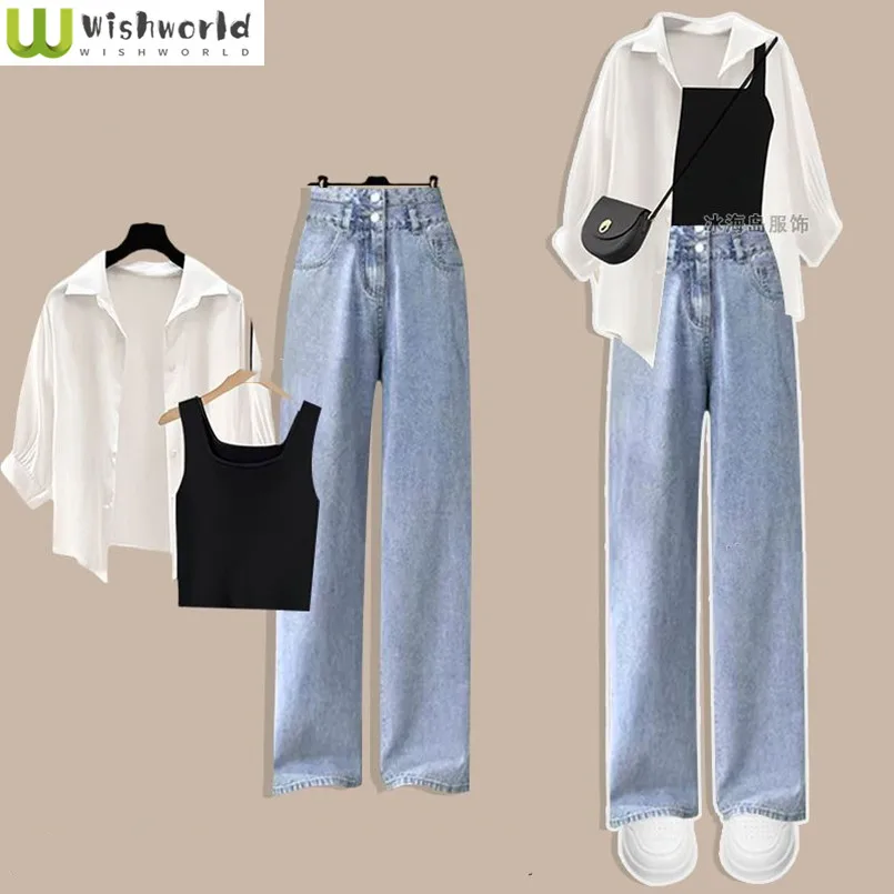 Set primavera/estate nuova edizione coreana da donna che indossa canotta a maniche corte che dimagrisce Jeans versatili Set di tre pezzi