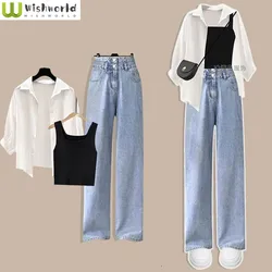 Spring/Summer Set Women's New Korean Edition Wearing Short Sleeved Shirt Tank Top Slimming Versatile Jeans Three Piece Set