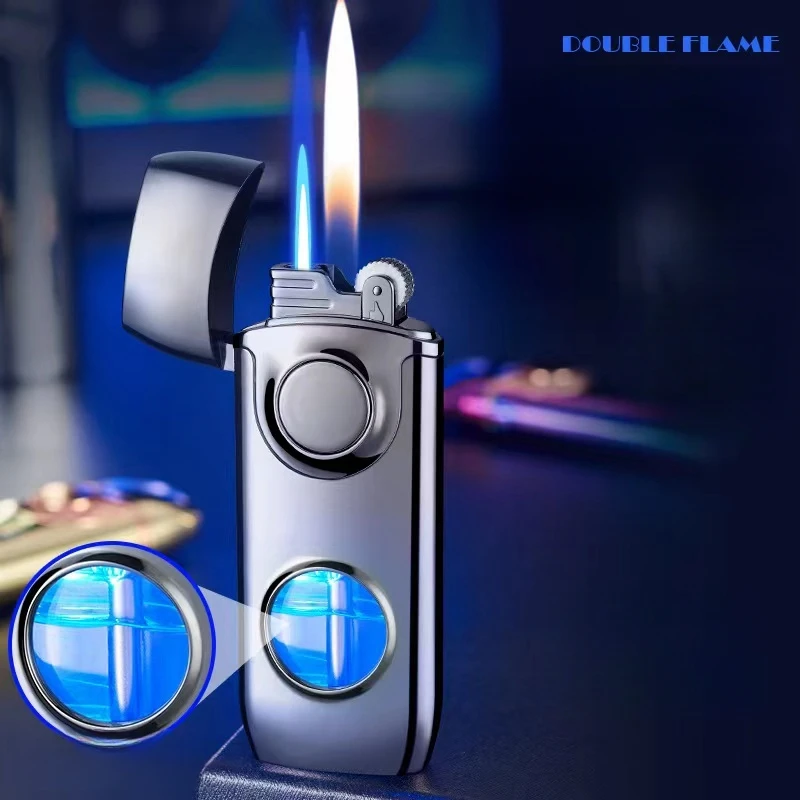 2023 Metal Double Flame Butane Gas Lighter Creative LED Blue Light Transparent Gas Window Grinding Wheel Ignition Cigar Lighters