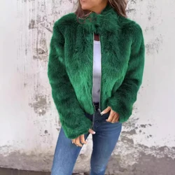 2024 Autumn Winter Loose Faux Fur Jacket Vintage Women's Stand Collar Long Sleeved Coat Casual Streetwear Zipper Warm Outerwear