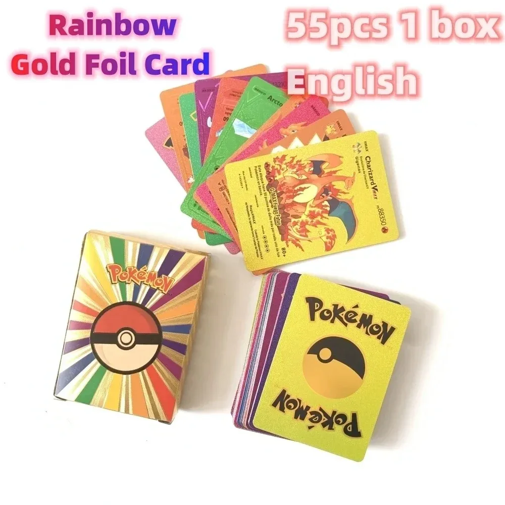 Tarjeta de papel de aluminio dorado colorido de Pokémon, 27-55 piezas, Charizard, Pikachu, Arceus, arcoíris plateado, inglés, alemán, VSTAR, VMAX