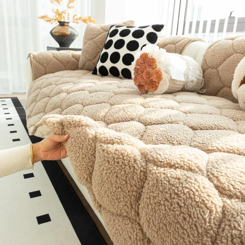 Winter Thicken Sofa Towel Solid Color Lamb Wool Plush Sofa Cushion Corner Soft Slipcovers for Living Room Decor Couch Cover