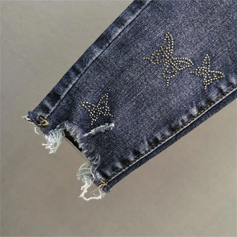 Spring Summer 2024 New Fashion Harem Denim Pants Female Korean Version Elastic Rhinestones High Waist Jeans Pencil Pants