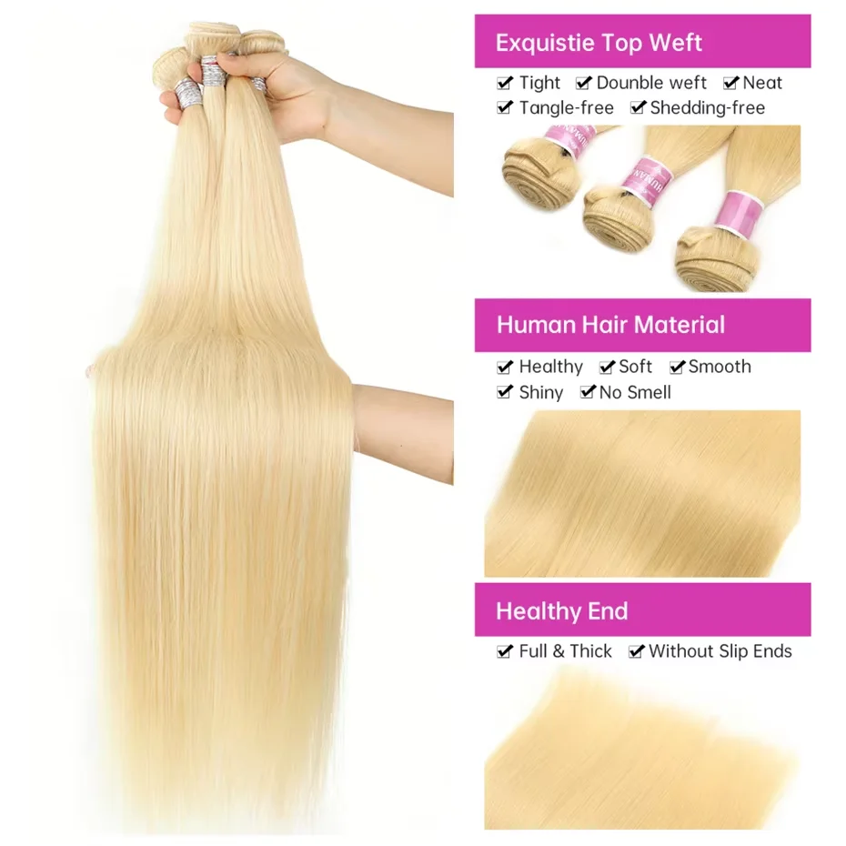 613 Honey Blonde Bone Straight Brazilian Remy Human Hair Bundles 1/3/4 Pcs 24 26 28 30 Inches Hair Weft Sew In Extensions Soft Smooth Colored Hair Weave Tangle Free Minimal Shedding For Black Women