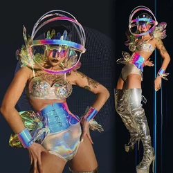 Frauen Zukunft Gefühl Gogo Dance Kostüm Sexy Bikini Pole Dance Kleidung Laser Helm Headwear Nachtclub Tänzerin Rave Outfit VDB5641