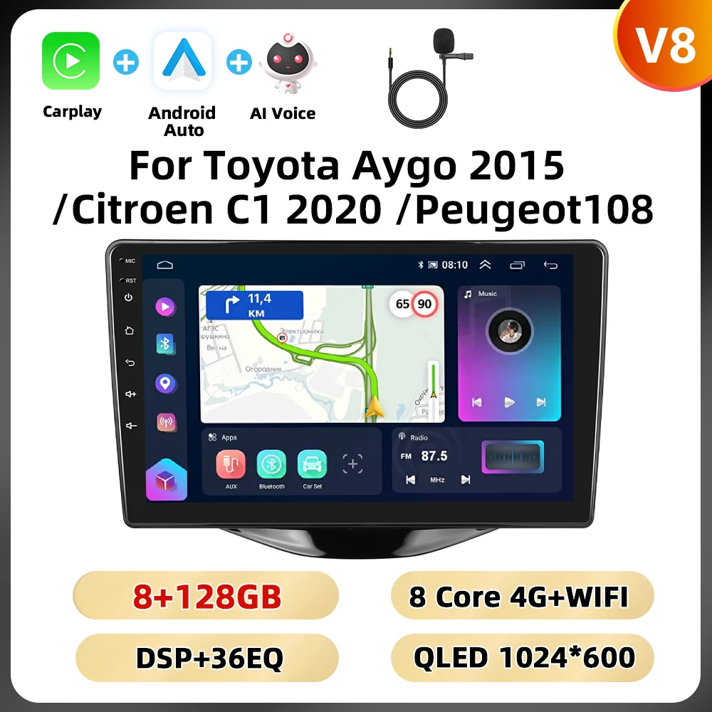 Podofo 8Core 2Din Autoradio Voor Toyota Aygo 2015/Citroen C1 2020/Peugeot 108 Multimedia Speler navigatie WIFI 4G Carplay DSP