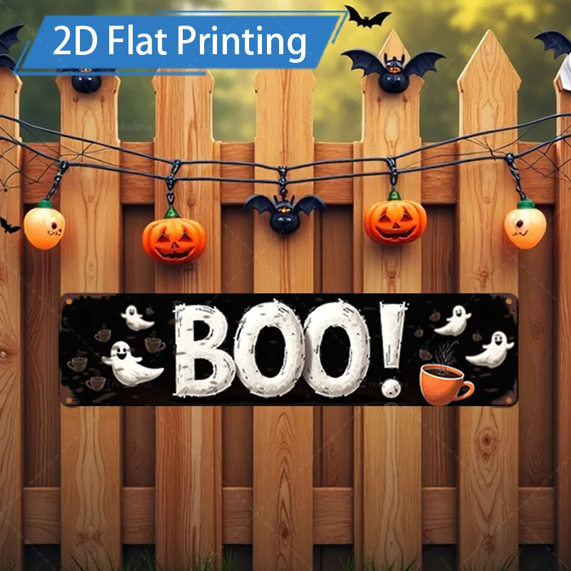 قطعة واحدة من لافتة معدنية، لافتة بو للهالوين مقاس 4 × 16 بوصة مع أشباح وقرع للديكور الاحتفالي #1