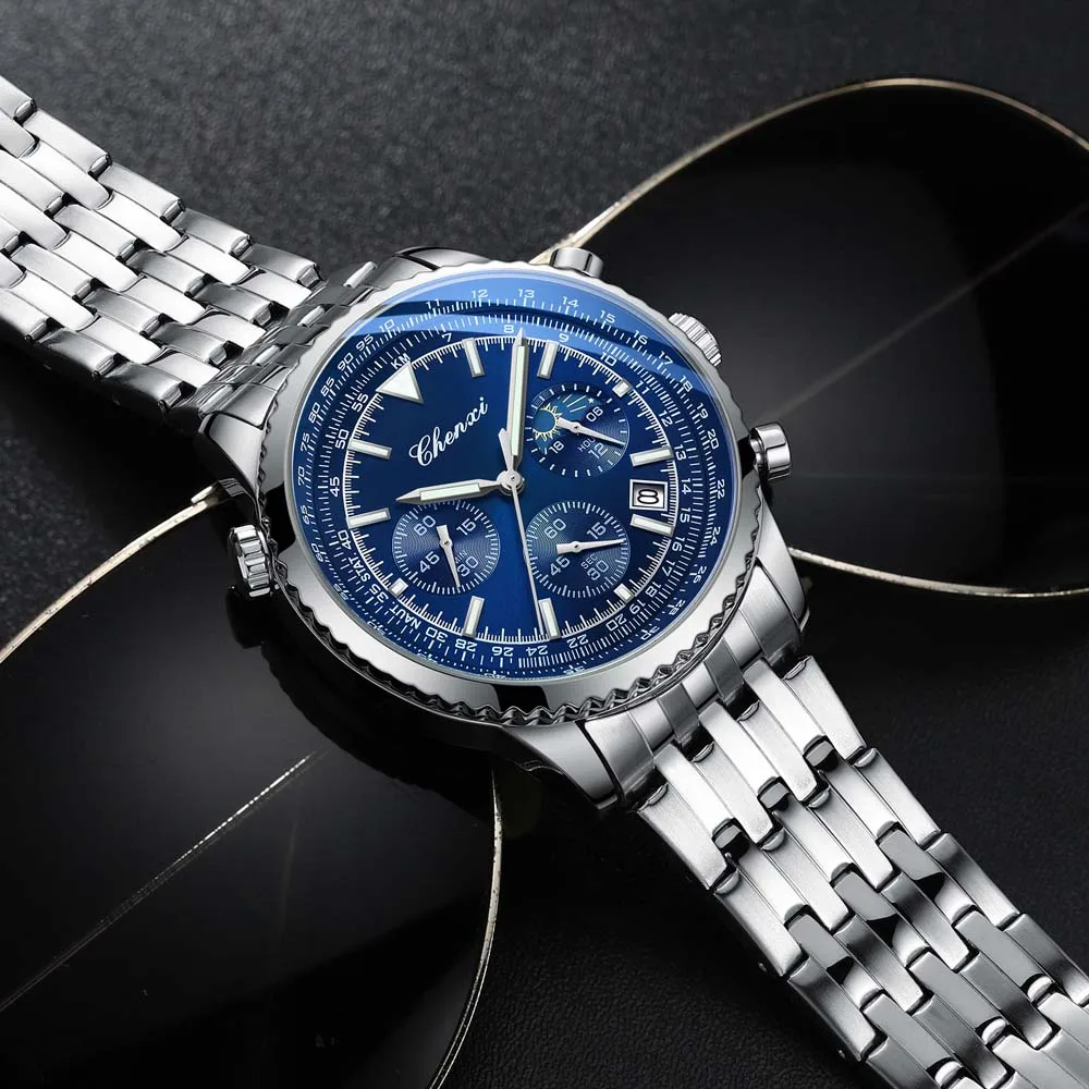CHENXI ساعة رجالي متعددة الوظائف كلاسيكية رياضية كوارتز القمر المرحلة كرونوغراف ساعة اليد رجل هدايا مقاوم للماء Reloj Hombre
