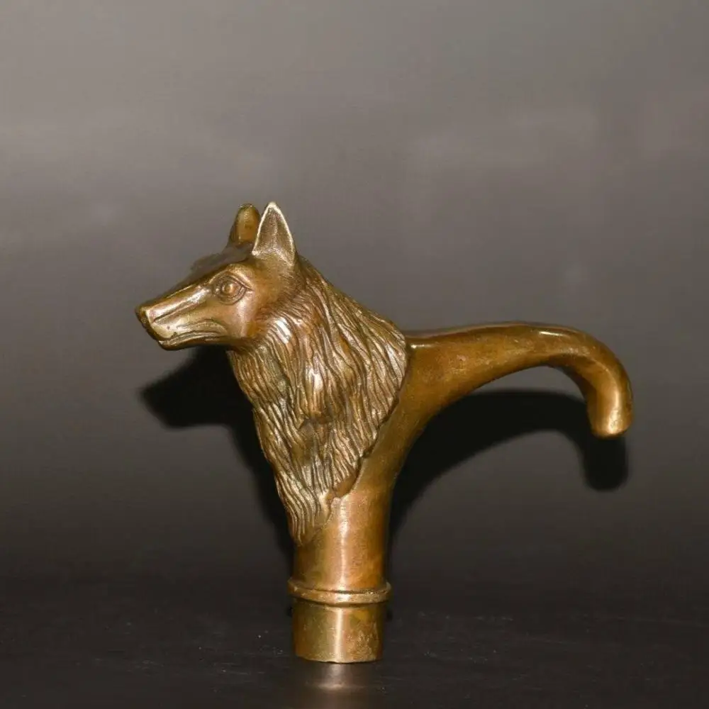 Brass Wolf Head Cane Handle with Curved Grip Metal Walking Stick Head Replacement Decorative Ornament Hand Carved Craft