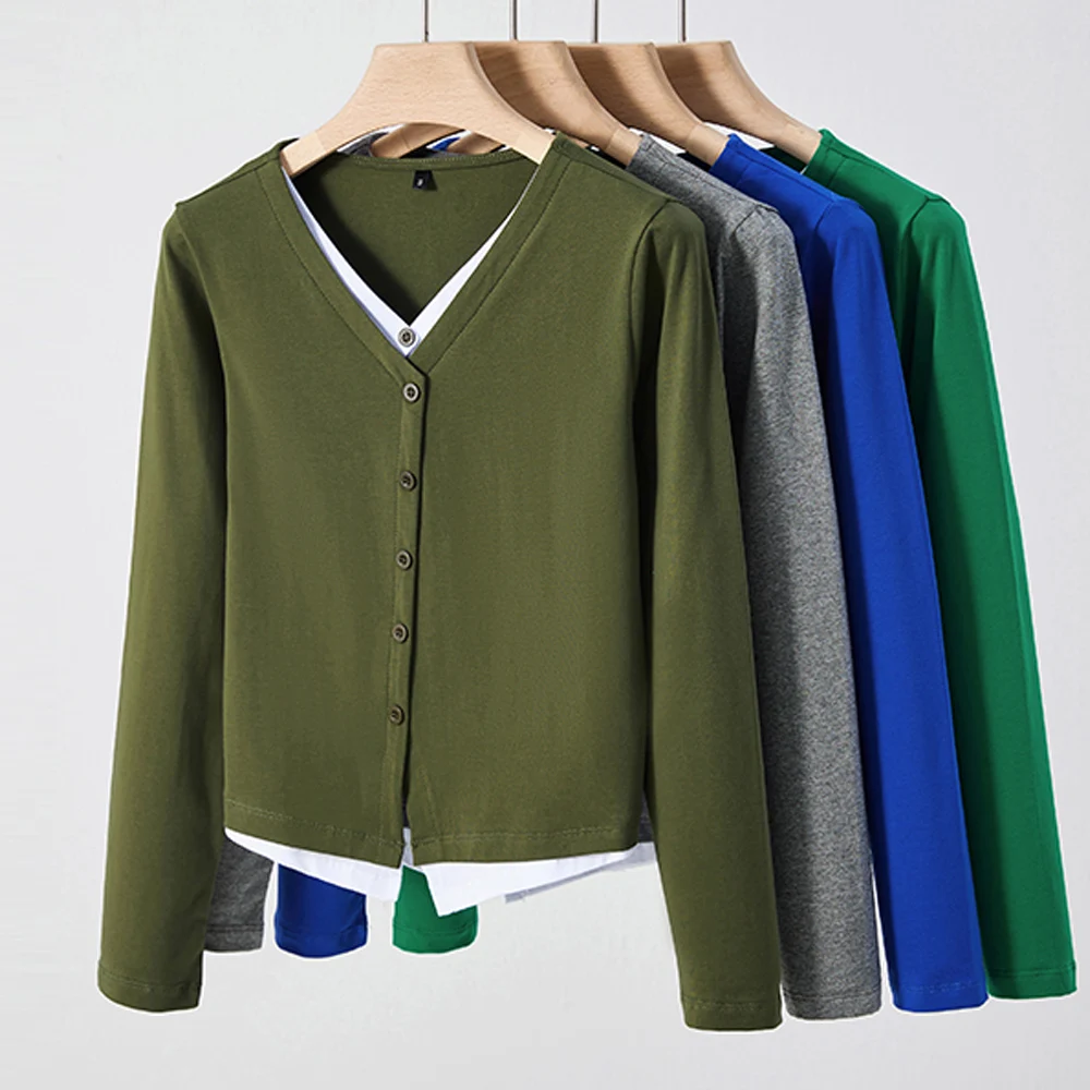 

Корейская поддельная футболка из двух предметов с длинными рукавами, женская осенняя новинка, высококачественный модный короткий топ из чистого хлопка больших размеров с высокой талией