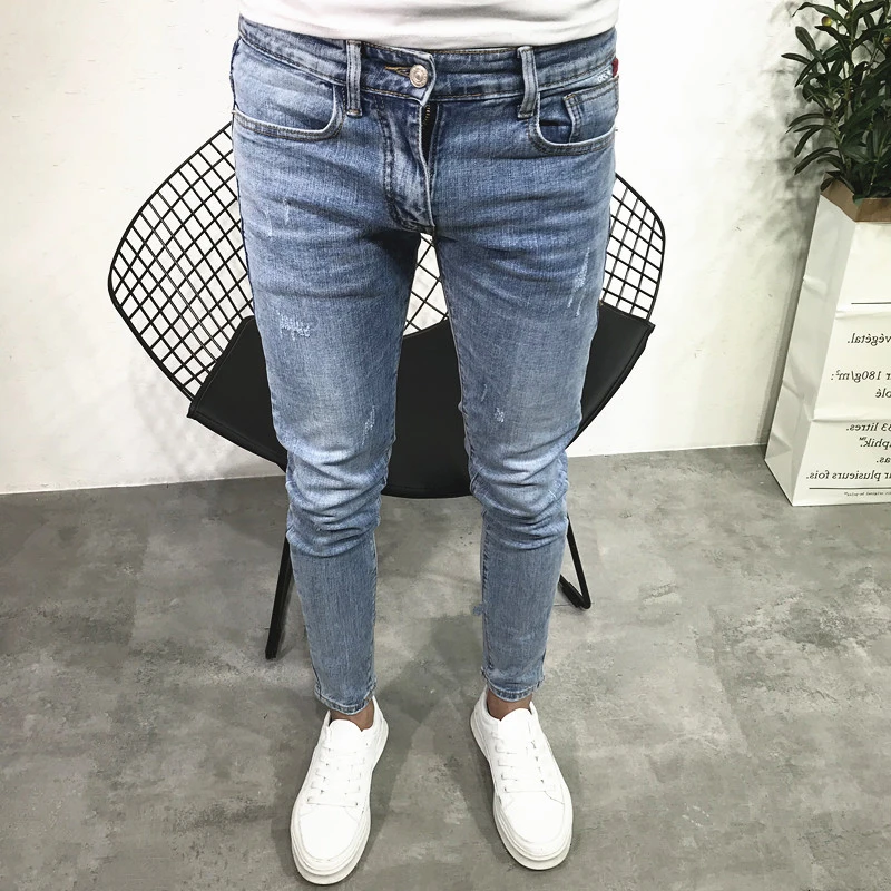 

Модные мужские джинсы Slim Fit из эластичной ткани, светло-голубые, повседневные, молодежные, всесезонные, со средней/низкой посадкой, на молнии
