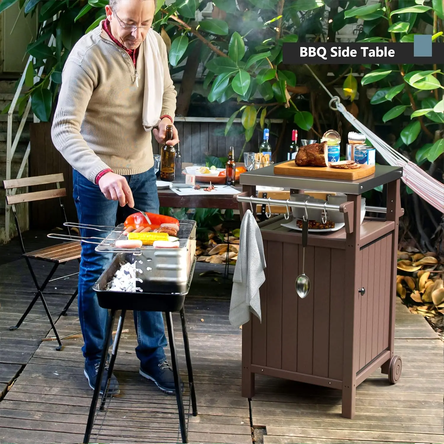 Keuken Draagbare Outdoor Grill Kar, Patio Verplaatsbare Bar Kar Met Roestvrijstalen Top En Rollende Wielen, Bbq Kar