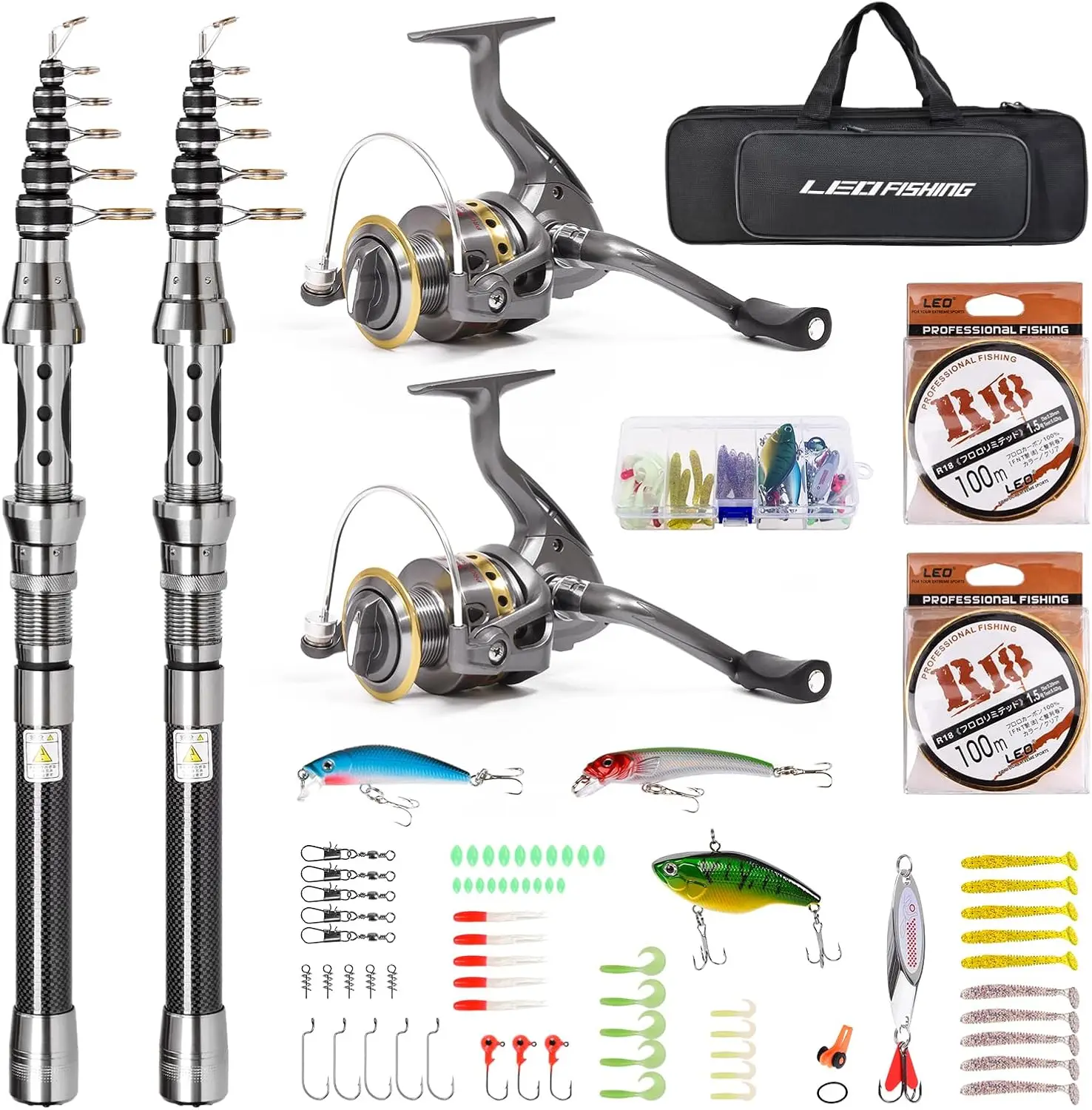 Telescopic Fishing Rod and Reel Combo Set - 2 Pack with Spinning Reel, Essential Lure Accessories, and Portable Carry Bag for Sa