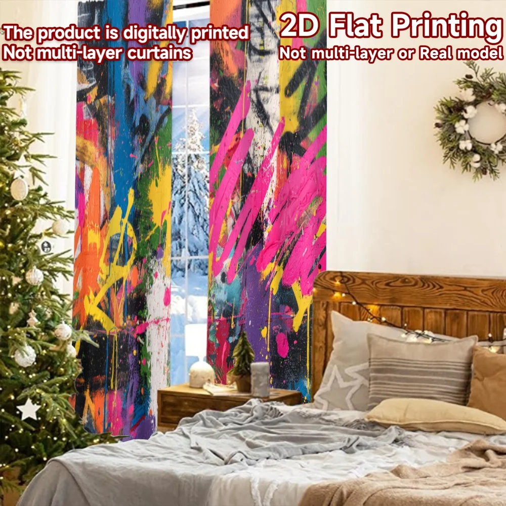 2 قطعة ، ستائر طباعة مسطحة ثنائية الأبعاد (بدون قضيب) ستائر وستائر ملونة لمهرجان عيد الميلاد ستائر وستائر متينة من نسيج البوليستر