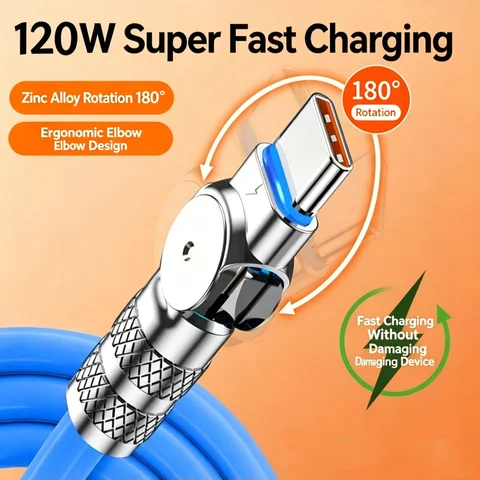 120W 180° Rotatable USB A to Type C Fast Charging Cable Thick Silicone Gaming Data Cord 1M 2M 3M Orange Blue For Xiaomi Huawei