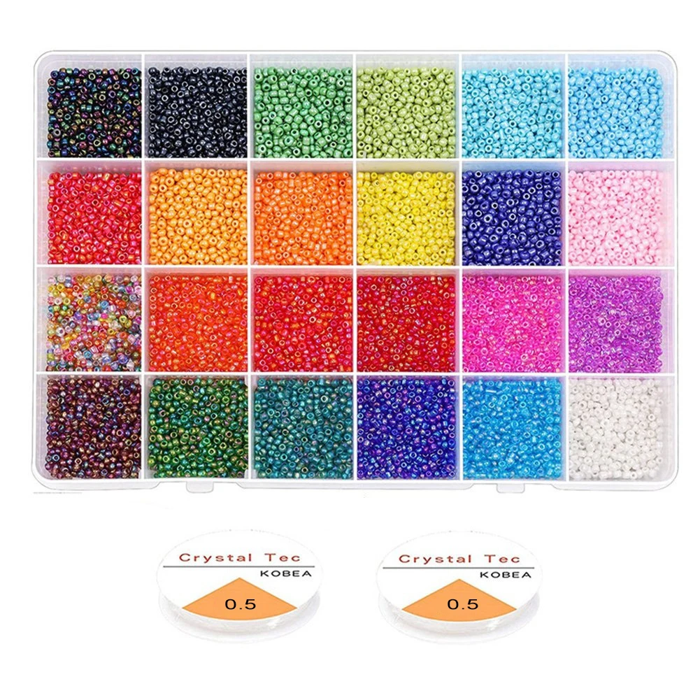 14400 Pcs 2mm 24 Colors Glass Seed Beads Small Craft Beads,with 2 Roll Elastic String, for DIY Jewelry Making Supplies